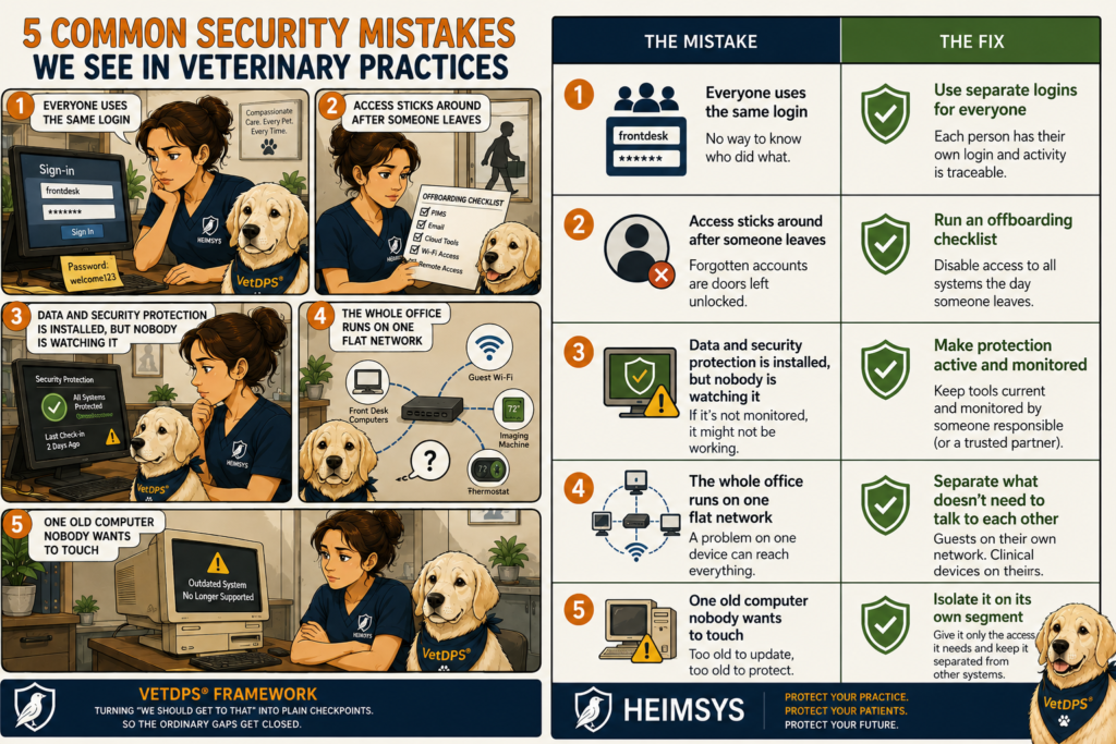 Infographic showing five common veterinary cybersecurity mistakes and their recommended fixes including shared logins, employee offboarding, monitoring, network segmentation, and legacy systems