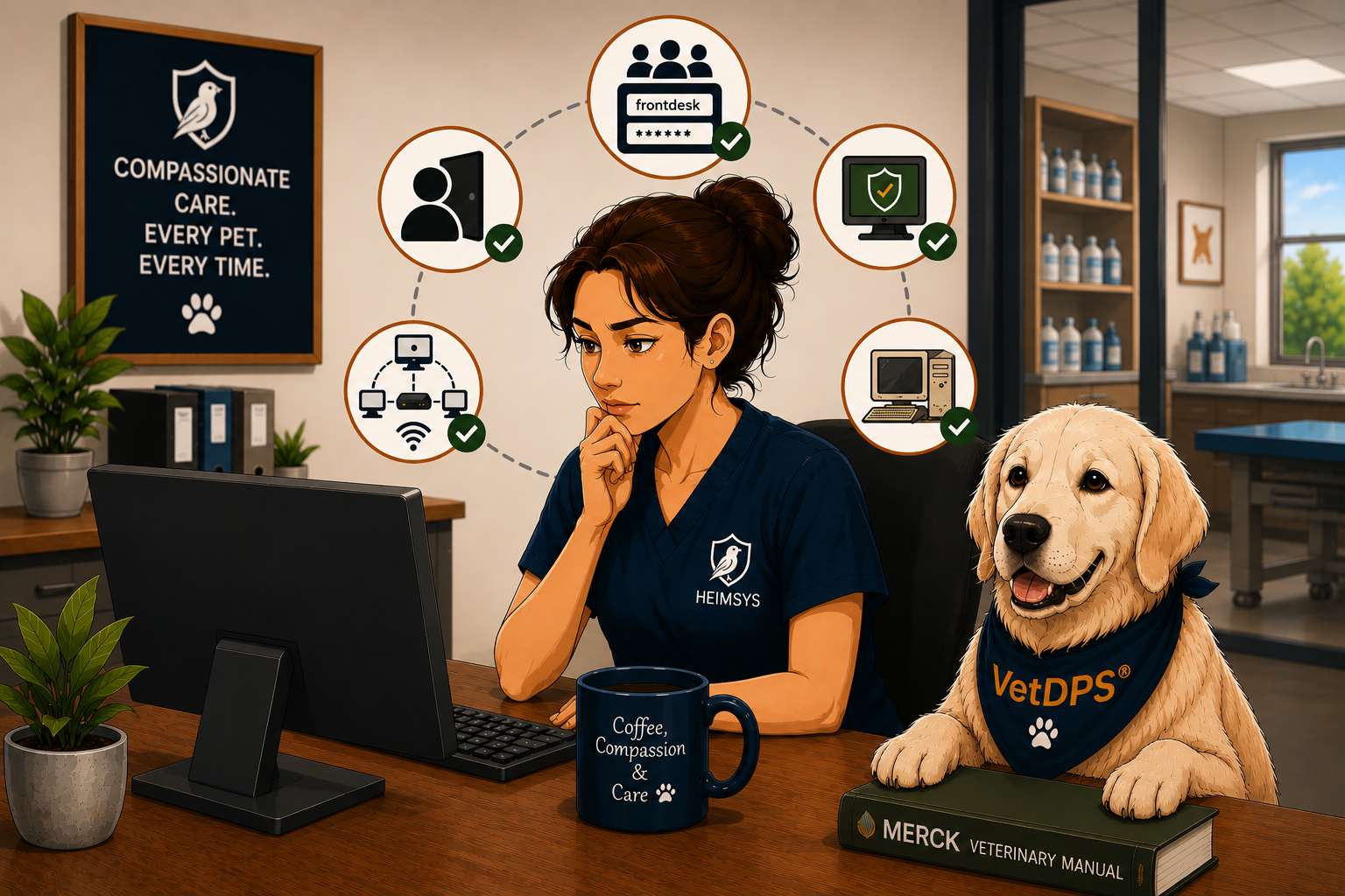 Veterinary practice manager reviewing cybersecurity best practices with VetDPS mascot Freyja in a veterinary clinic office