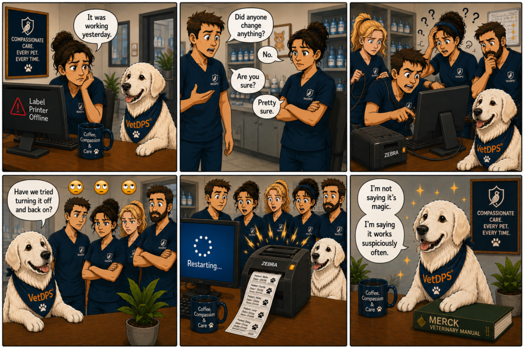 Comic showing a veterinary clinic troubleshooting a printer before fixing the problem by rebooting the computer