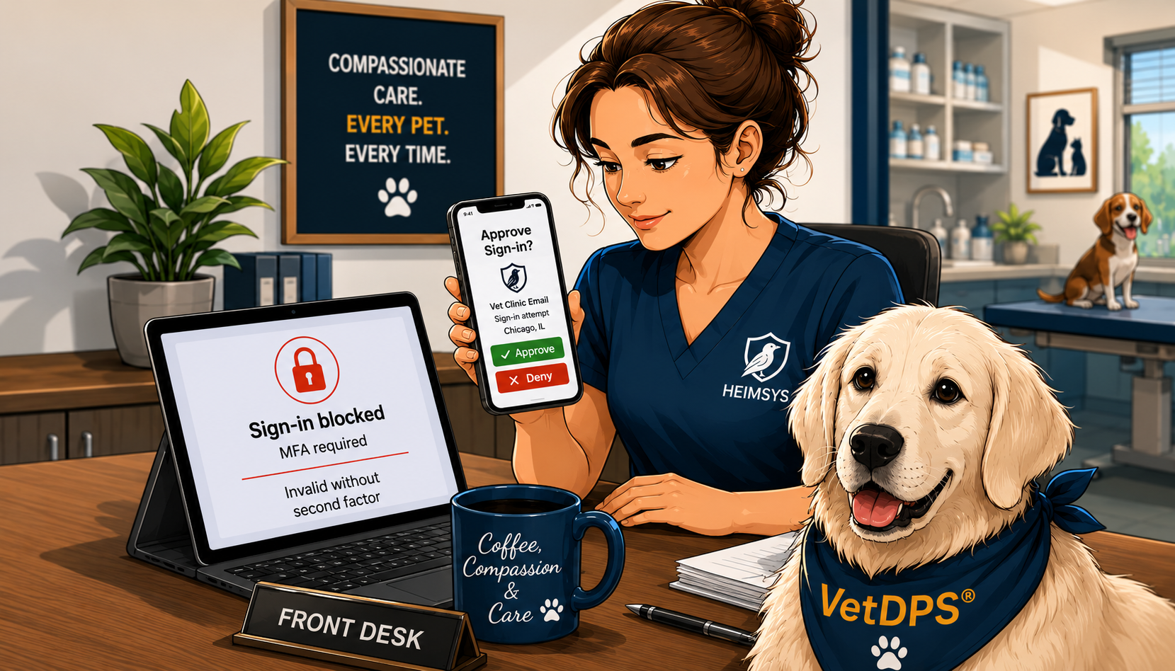 Veterinary receptionist approving a multifactor authentication request while Freyja, the VetDPS security mascot, helps explain email security best practices.